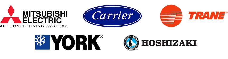image of logos for Trane, York, Mitsubishi, Carrier, and Hoshizaki air conditioning units